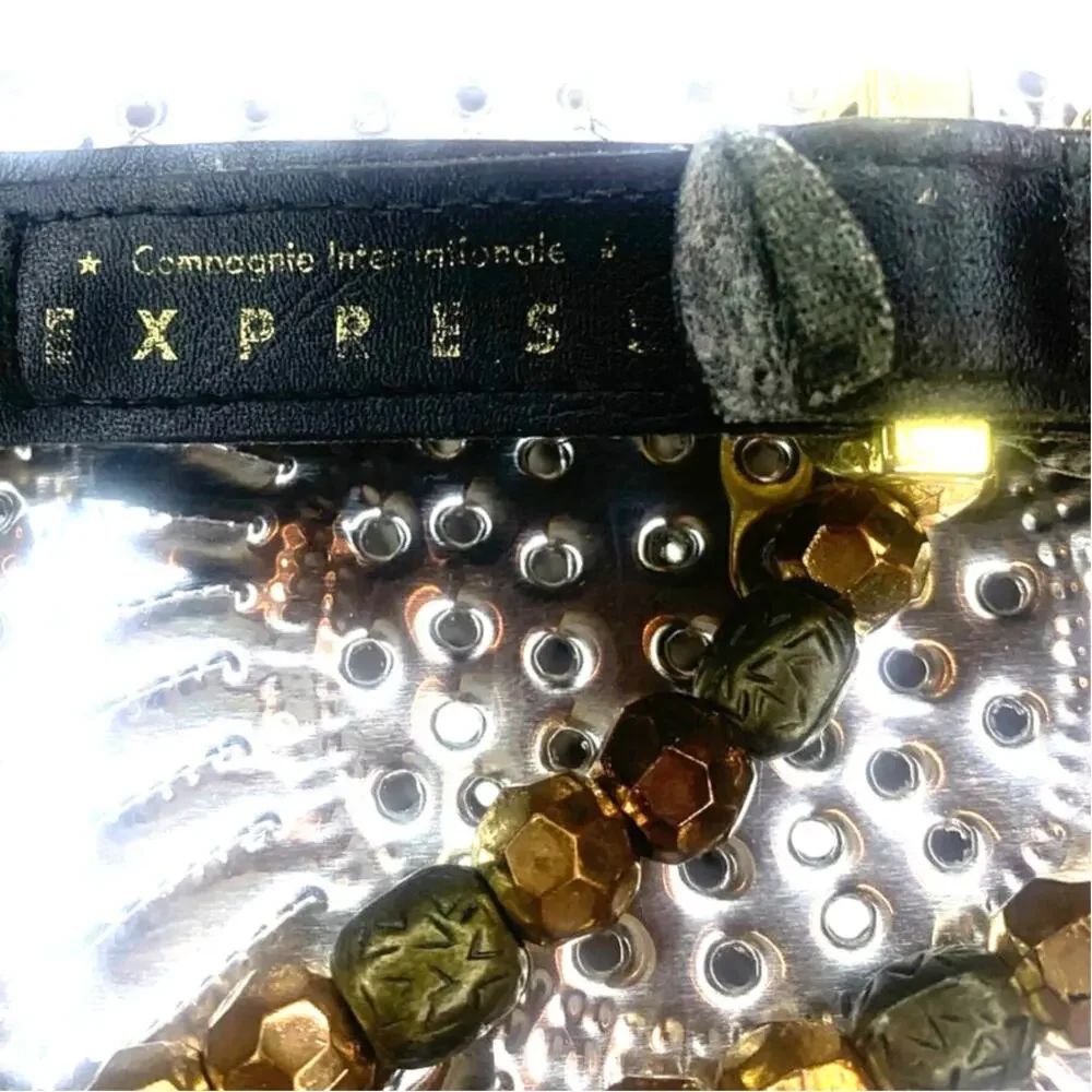 Expres! Womens Beaded Belt Medium Bronze r Brass Buckle Dressy Casual